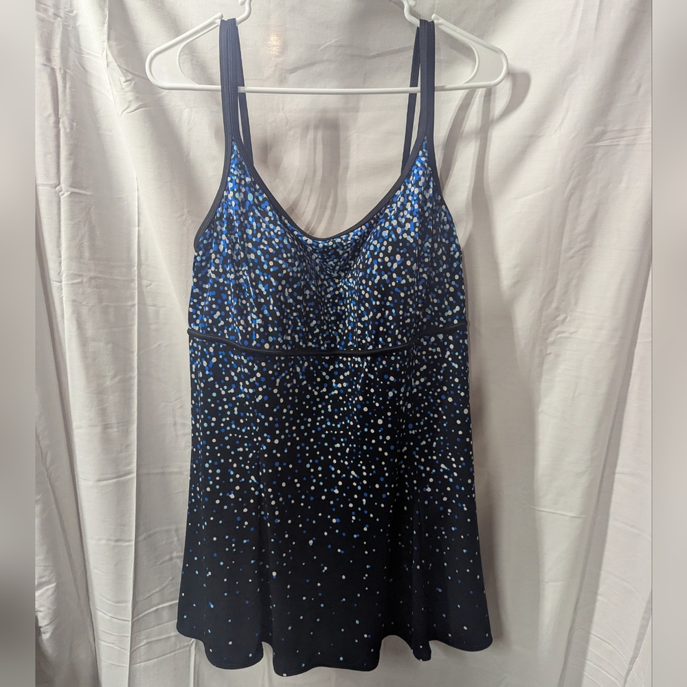 St. John's Bay Size 16 One Piece Bathing Suit, Black With Blue & White Dots